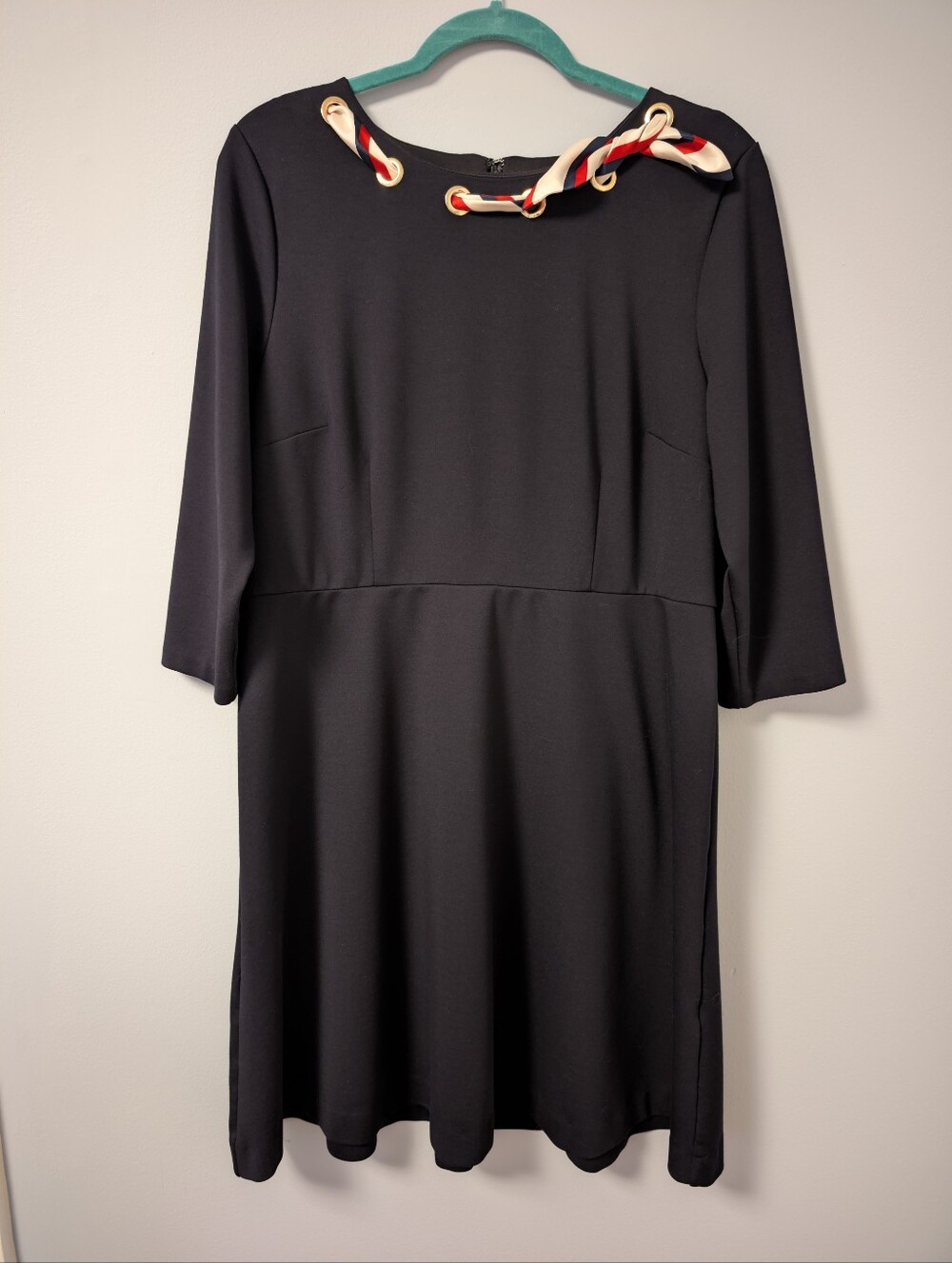 Navy Boatneck Fit And Flare Dress with Scarf Detail
